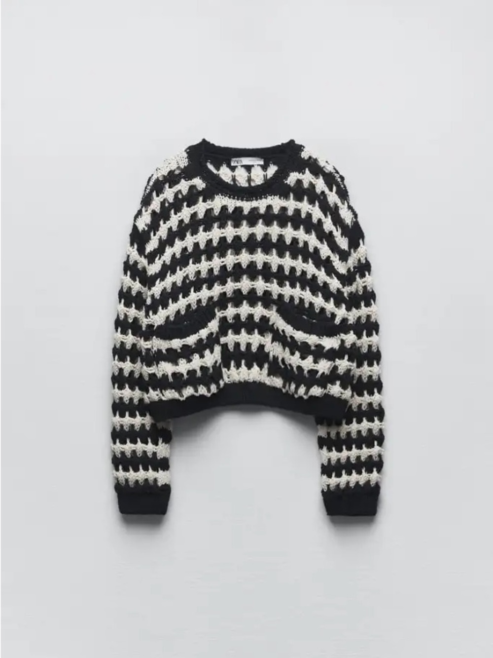 Zara Navy Black White Open Knit Striped Cropped Sweater Chunky Crochet Pullover